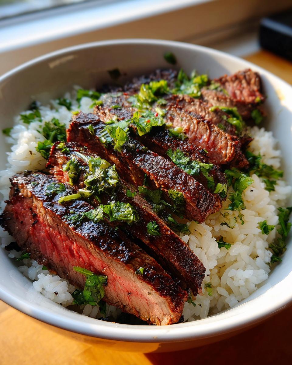 Close-up of Cilantro Lime Steak Bowls featuring sliced steak over rice, garnished with fresh cilantro.