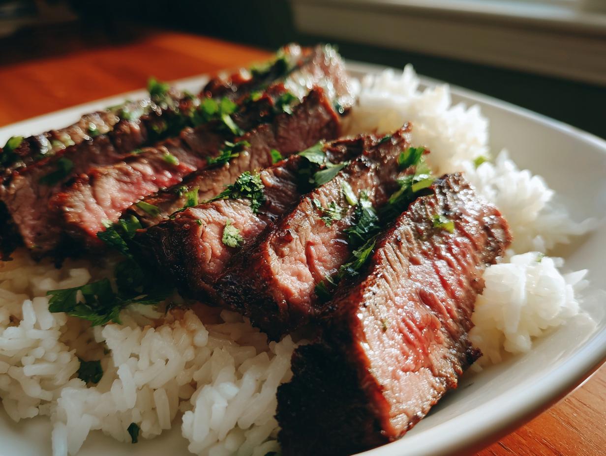 Delicious Cilantro Lime Steak Bowls featuring sliced steak over rice, garnished with fresh cilantro.