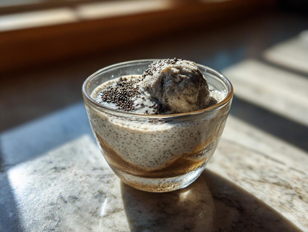 A glass bowl filled with Coconut Chia Pudding Recipe, topped with a scoop and chia seeds.