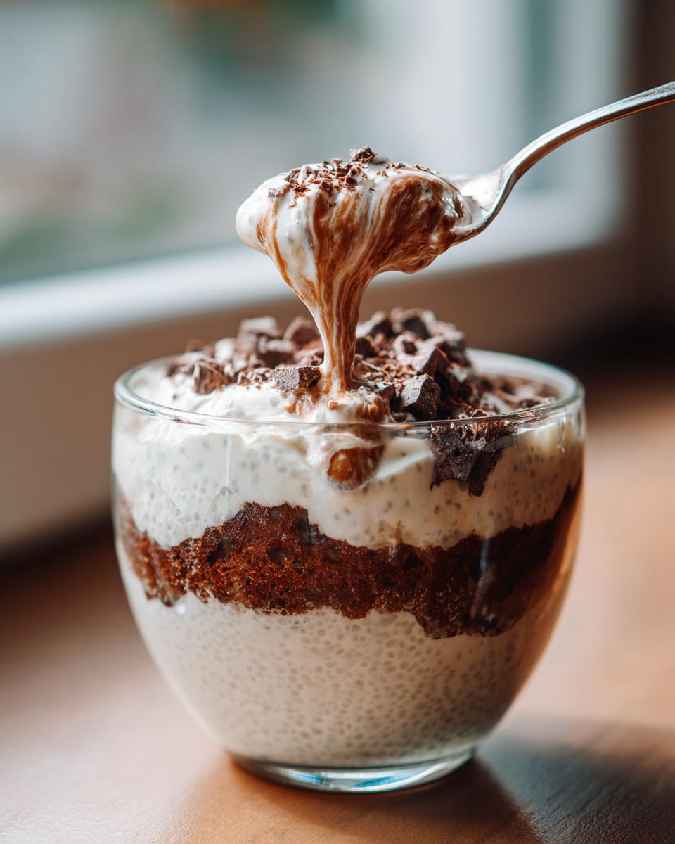 Spoonful of Coconut Chia Pudding with chocolate shavings being lifted from a glass.