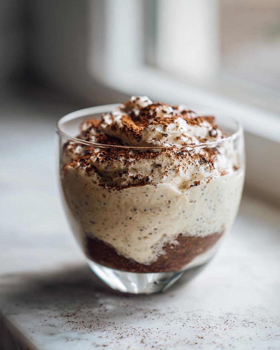 A glass of layered Coconut Chia Pudding with chocolate base and whipped topping, dusted with cocoa.