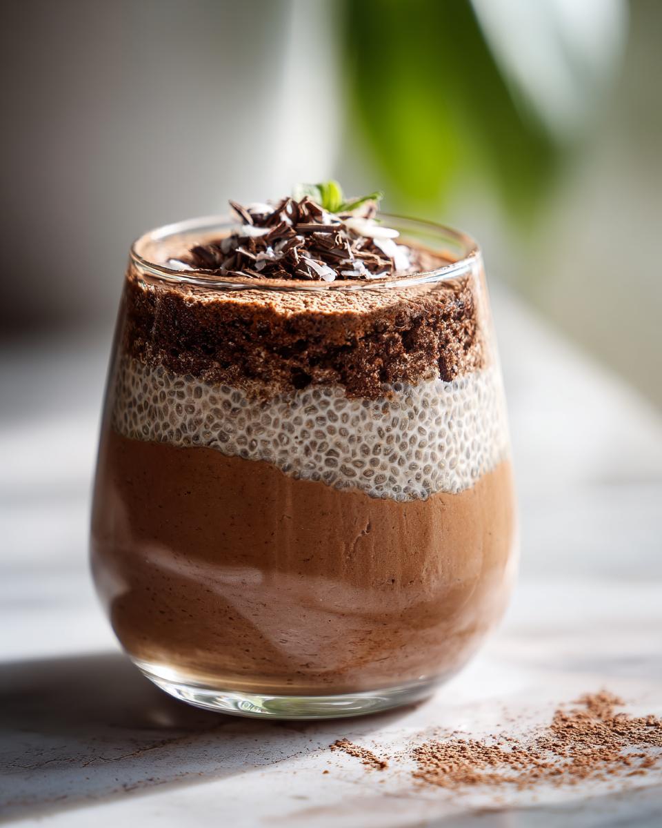 Close-up of a layered Coconut Chia Pudding in a glass, topped with chocolate shavings and mint.