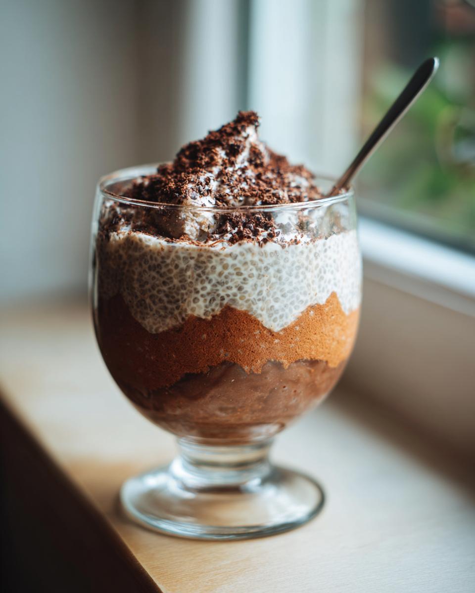 Layered Coconut Chia Pudding in a glass with chocolate and a spoon, ready to eat.