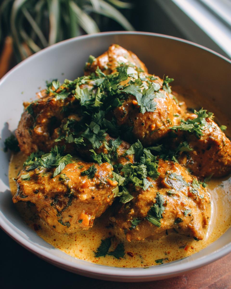 Bowl of Coconut Lime Chicken garnished with fresh cilantro, bathed in a creamy coconut lime sauce.