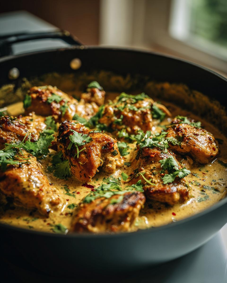 Coconut Lime Chicken simmering in a pan, garnished with fresh cilantro.