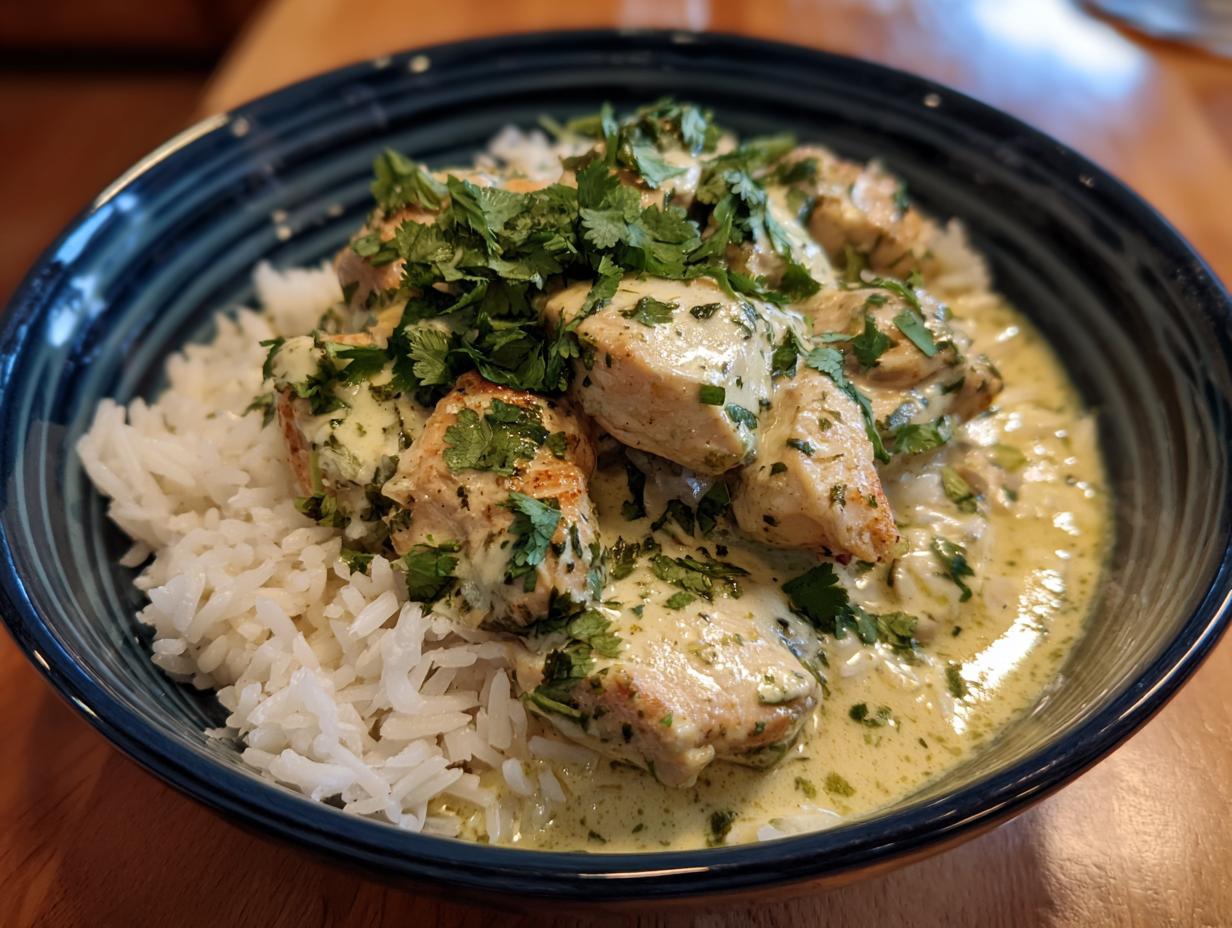 A bowl of Coconut Lime Chicken served over white rice, garnished with fresh cilantro.