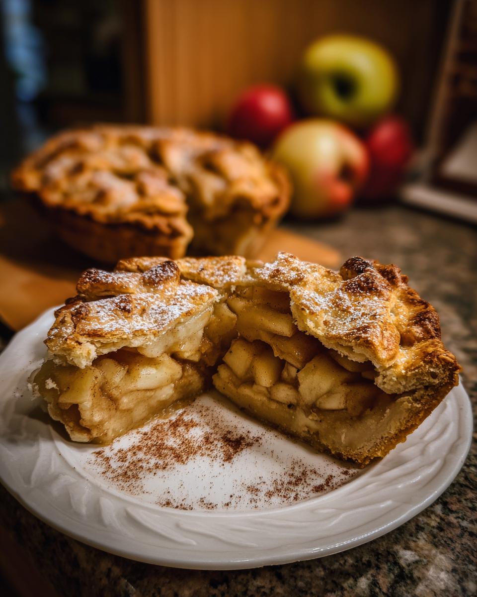 A slice of Cottage Cheese Apple Pie on a white plate, dusted with powdered sugar and cinnamon.