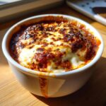 A single-serving Cottage Cheese Lasagna Bowl in a white ramekin, showing melted cheese and sauce.