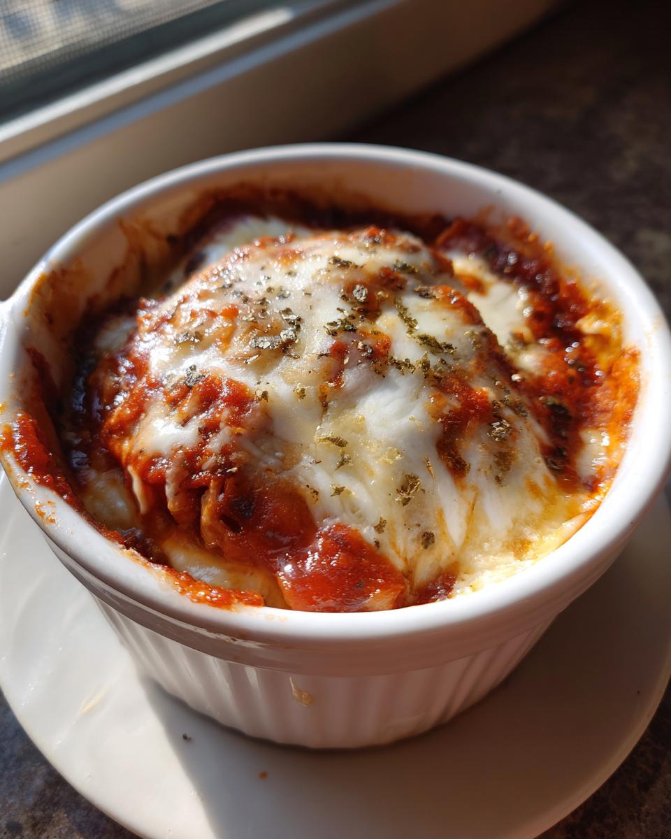 A single serving of Cottage Cheese Lasagna Bowl, baked and bubbly in a white ramekin, topped with cheese and herbs.