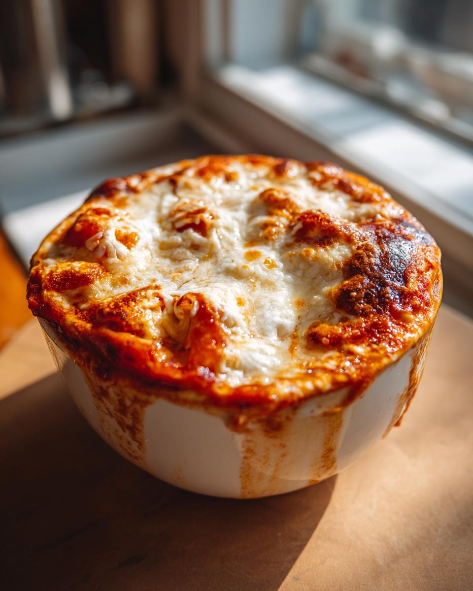 A single serving of Cottage Cheese Lasagna Bowl in a white ceramic bowl, topped with melted cheese.