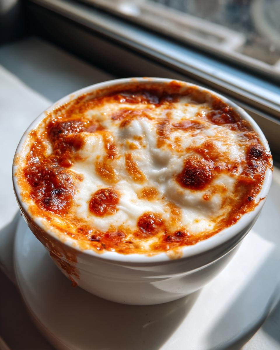A single serving of Cottage Cheese Lasagna Bowl, baked and bubbly in a white ramekin.