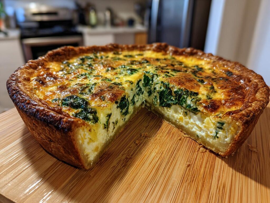 A freshly baked Cottage Cheese and Spinach Quiche with a slice cut out, revealing the creamy filling and flaky crust.