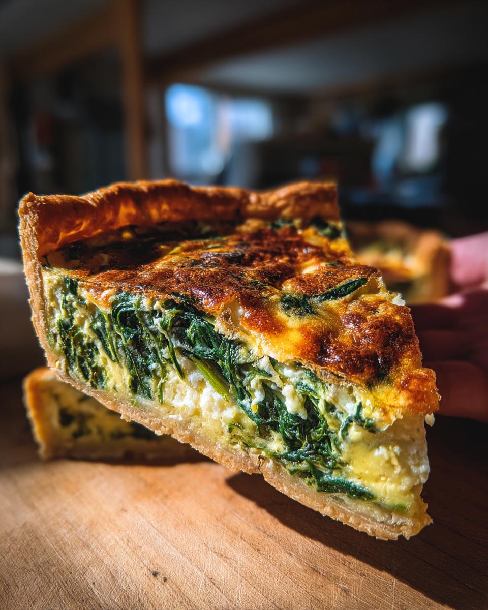 A delicious slice of Cottage Cheese and Spinach Quiche with a golden crust and visible layers of spinach and cheese.