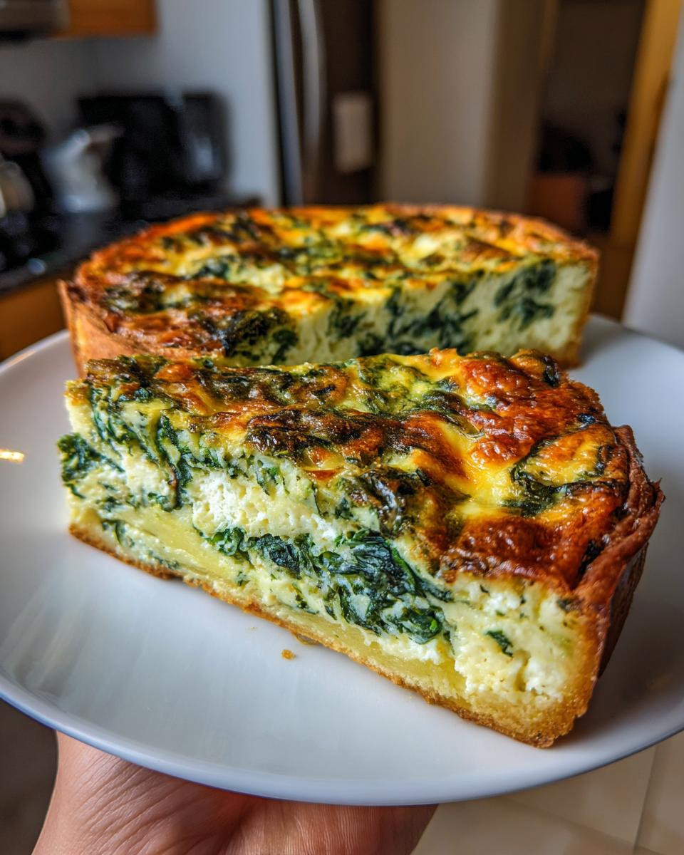 A slice of Cottage Cheese and Spinach Quiche on a plate, showcasing the layers of spinach and cheese filling.