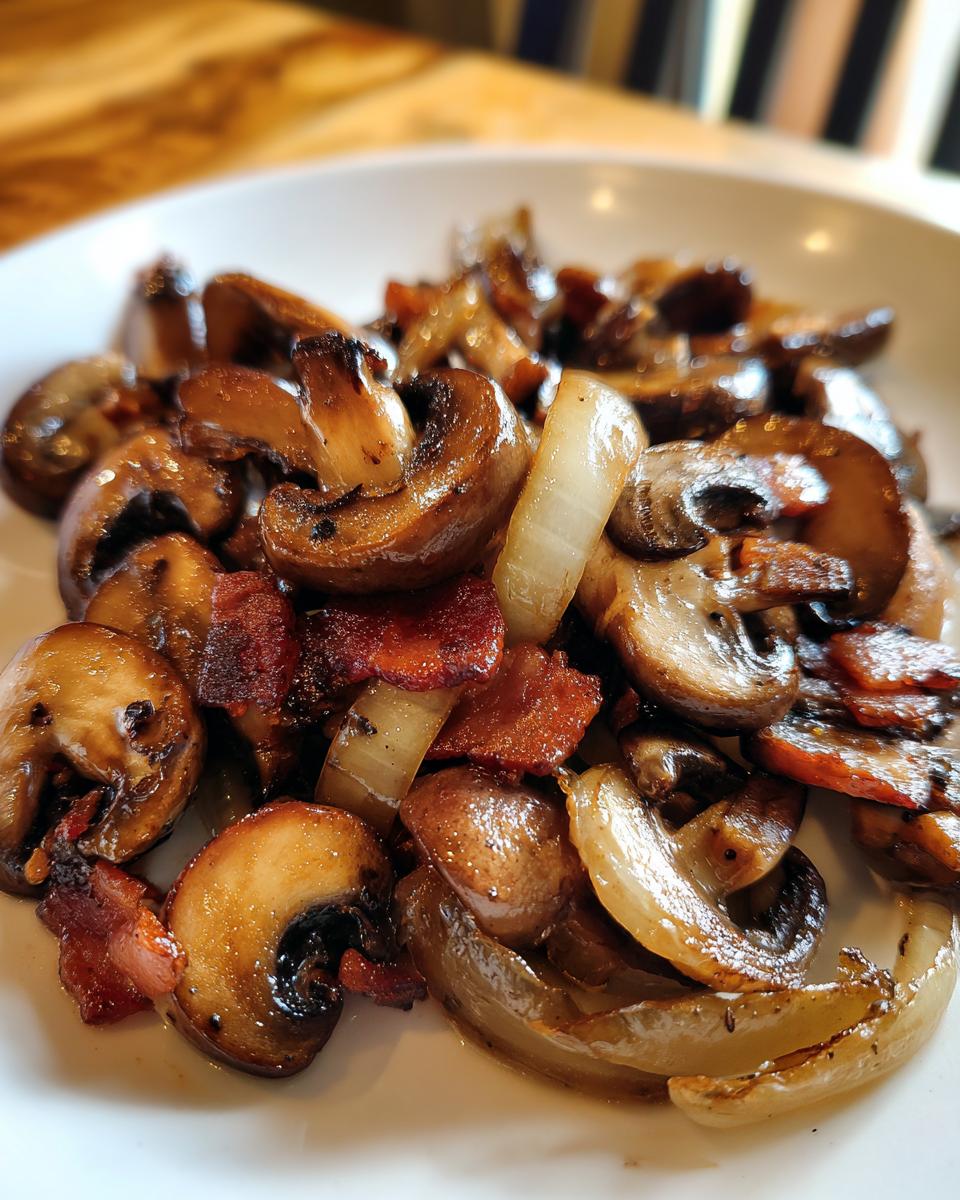 Close-up of Cowboy Mushrooms featuring sauteed mushrooms, bacon pieces, and caramelized onions on a white plate.