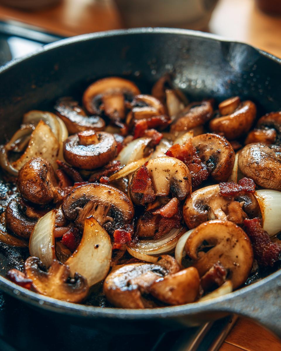 Close-up of Cowboy Mushrooms sautéed in a cast iron skillet with onions and bacon.
