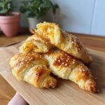 Delicious Crab Crescent Bites Delight, golden brown and sprinkled with sesame seeds, on a wooden board.