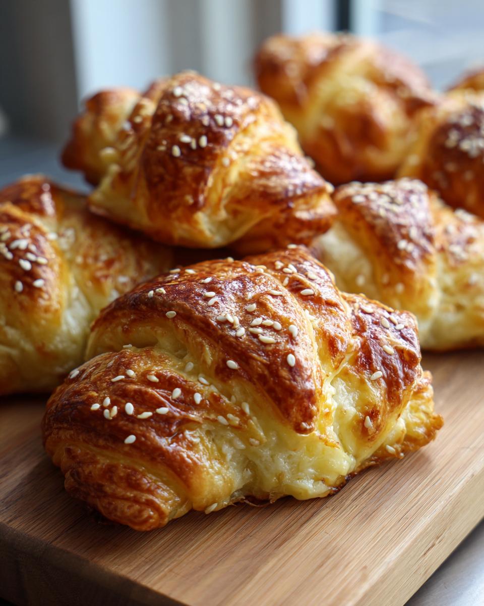 Close-up of golden brown Crab Crescent Bites Delight topped with sesame seeds on a wooden board.