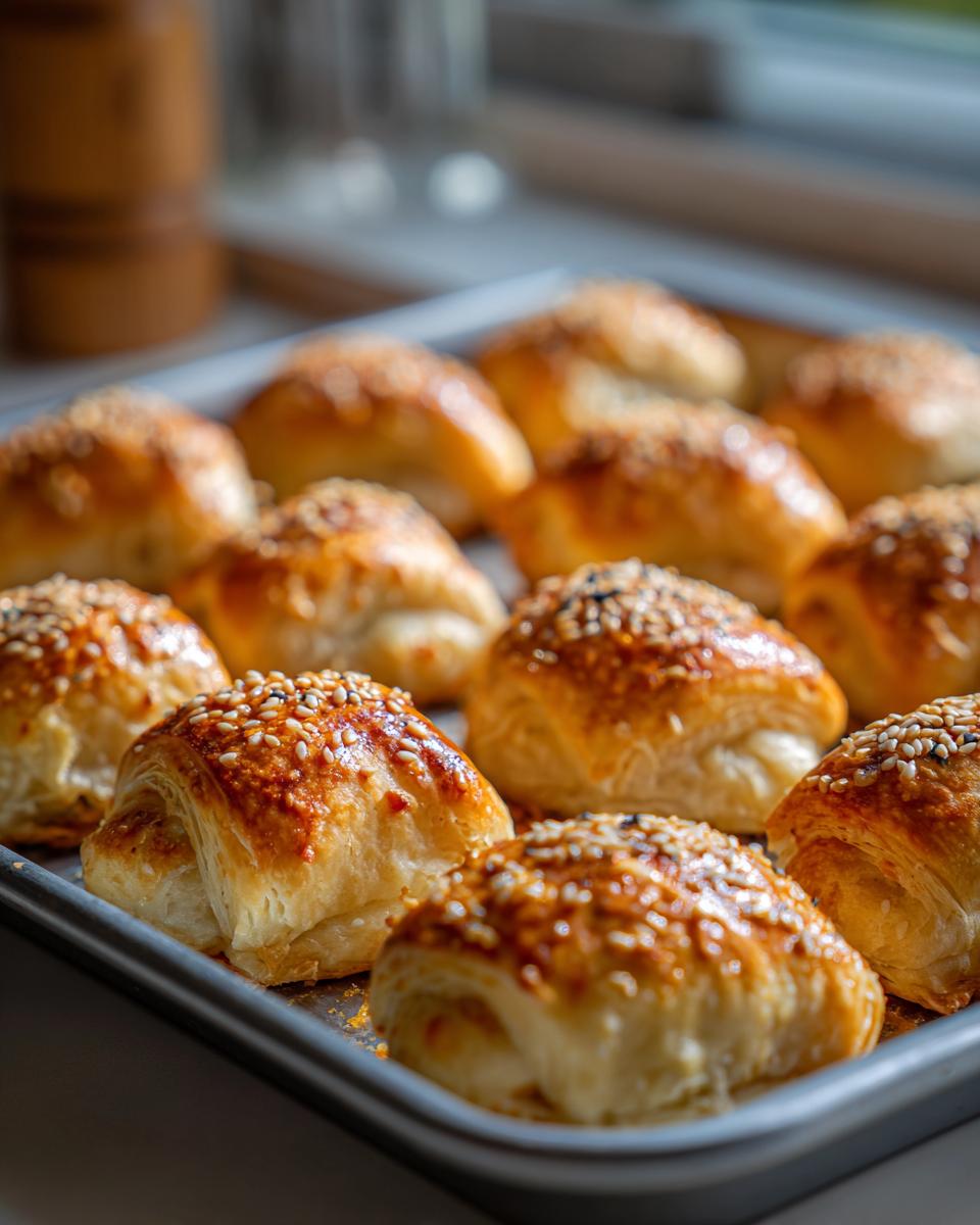 Close-up of golden brown Crab Crescent Bites Delight sprinkled with sesame seeds on a baking sheet.