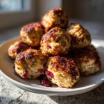 A stack of golden brown Cranberry Turkey Stuffing Balls on a white plate, ready to eat.