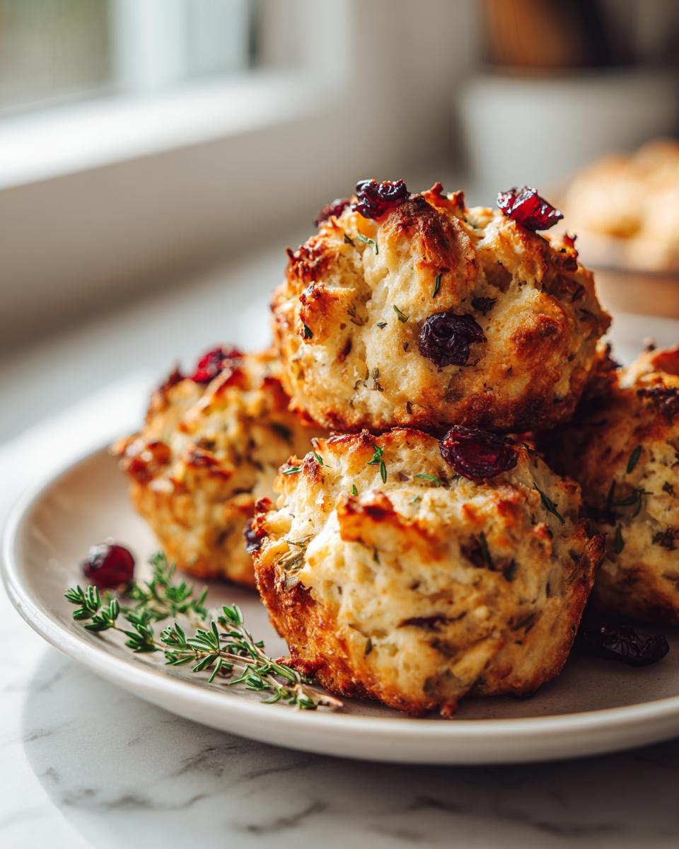 A stack of golden Cranberry Turkey Stuffing Balls on a plate, garnished with fresh thyme and cranberries.