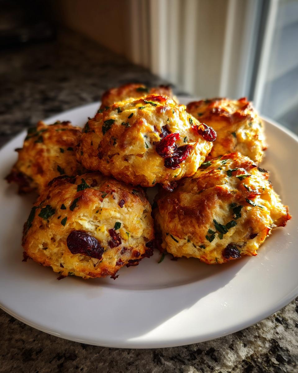 A plate of golden-brown Cranberry Turkey Stuffing Balls, speckled with cranberries and herbs.