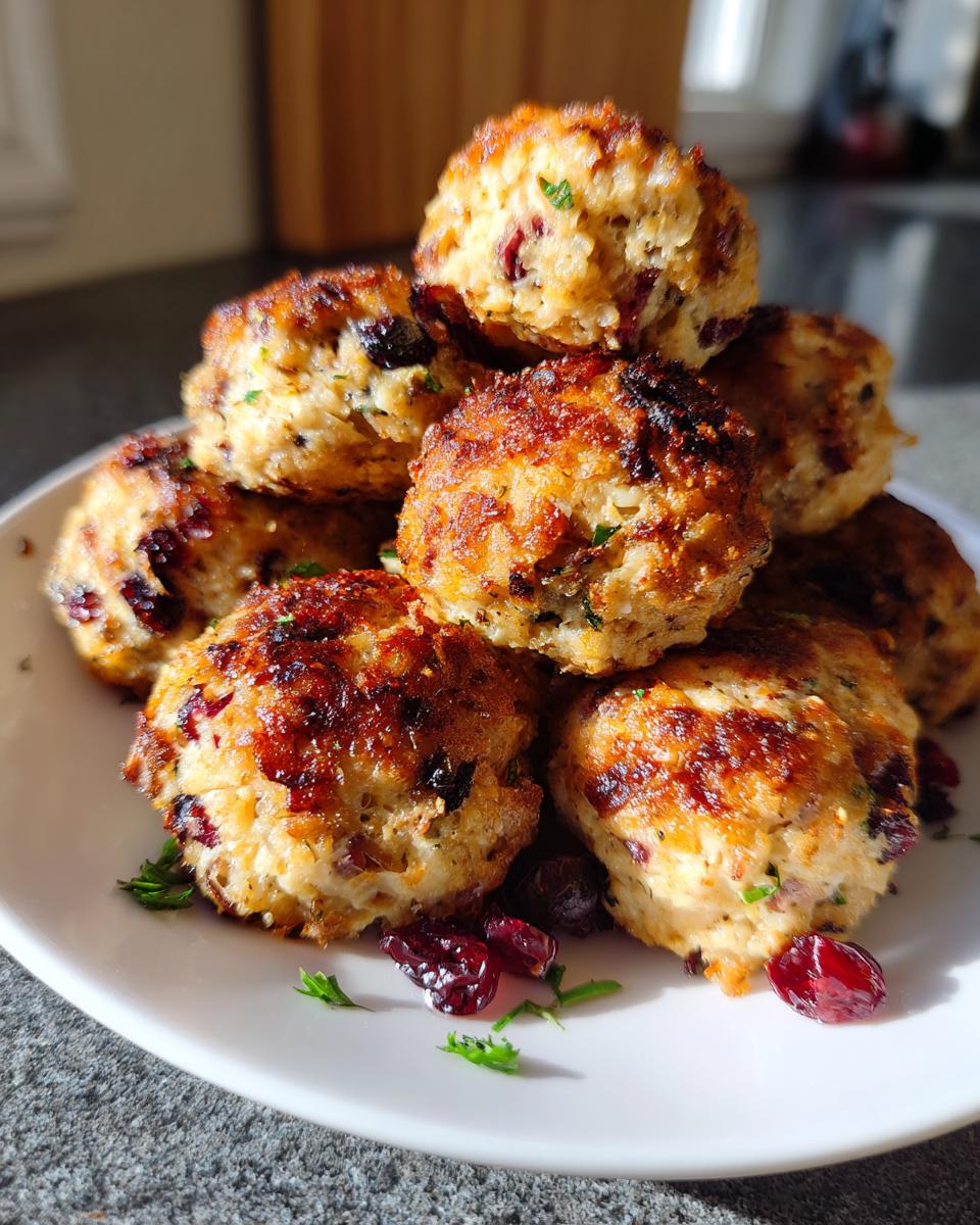 A stack of golden-brown Cranberry Turkey Stuffing Balls on a white plate, garnished with cranberries and parsley.