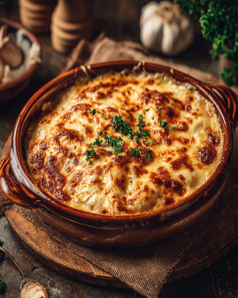 Baked Creamy Chicken Parmesan Soup in a rustic dish, topped with melted cheese and parsley.