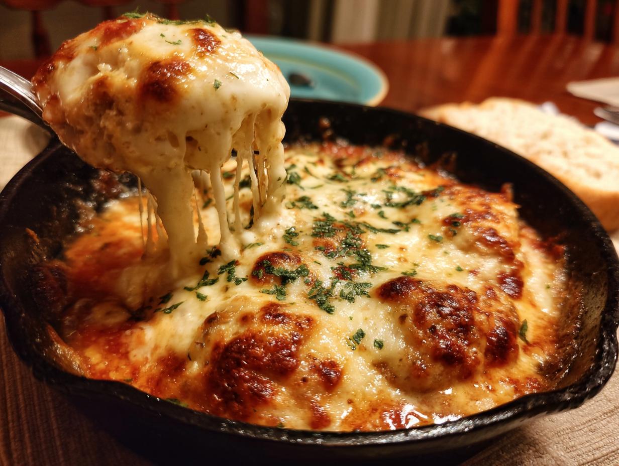 A spoonful of Creamy Chicken Parmesan Soup being lifted, showing melted cheese and herbs in a cast iron skillet.