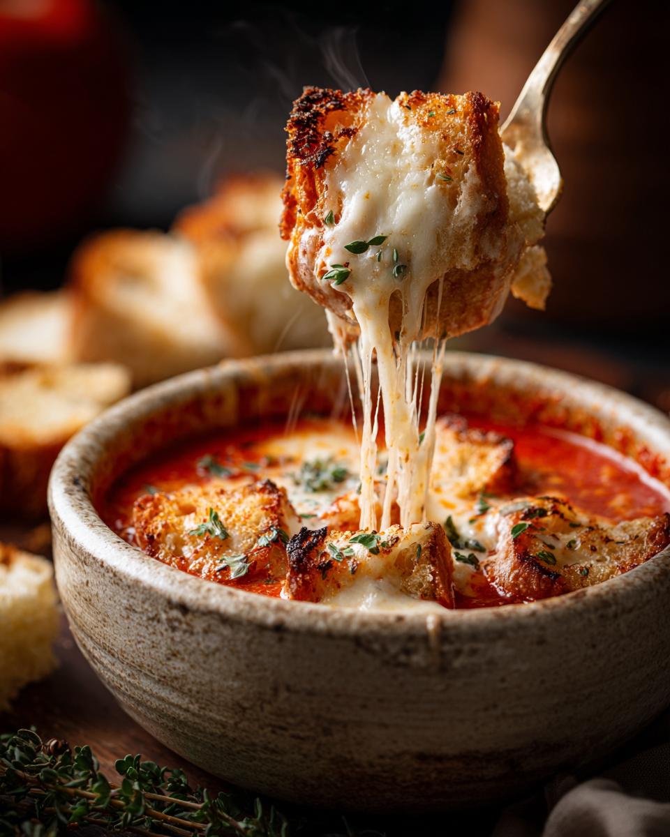 A bowl of Creamy Chicken Parmesan Soup topped with cheesy croutons and fresh herbs, with a spoonful being lifted.