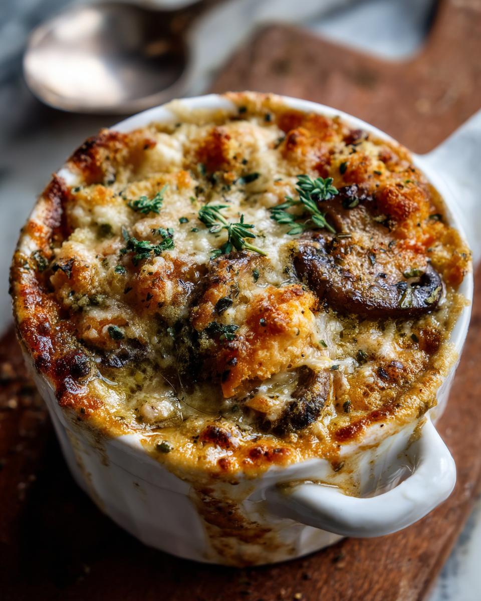 Close-up of Creamy Chicken Parmesan Soup with mushrooms and herbs in a white bowl.