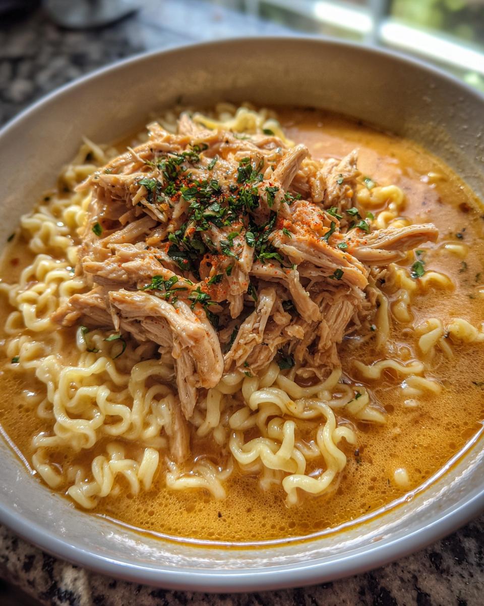 A bowl of creamy chicken ramen, featuring tender chicken, curly noodles, and a rich, creamy sauce.