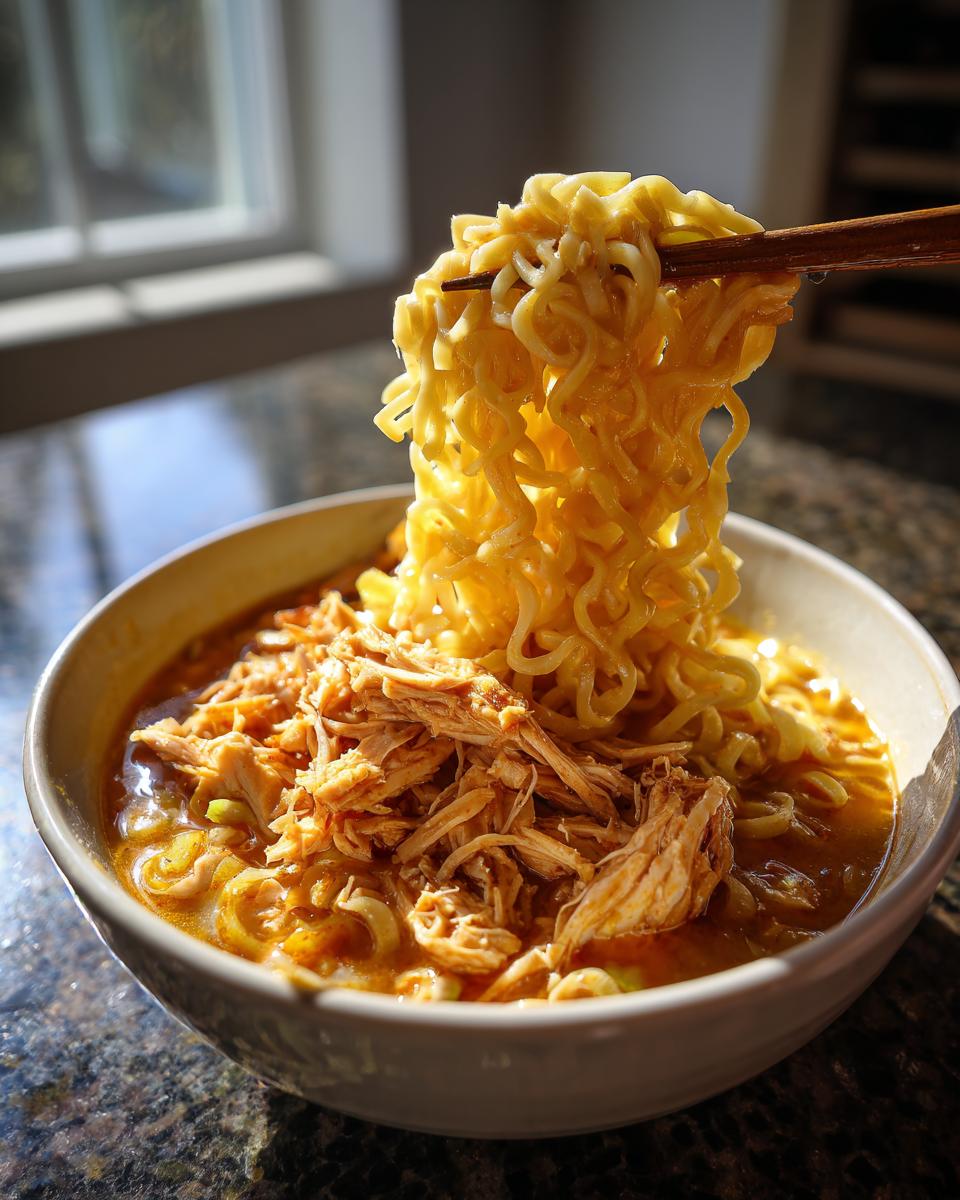 A bowl of creamy Chicken Ramen with noodles being lifted by chopsticks. Comfort food in a bowl.