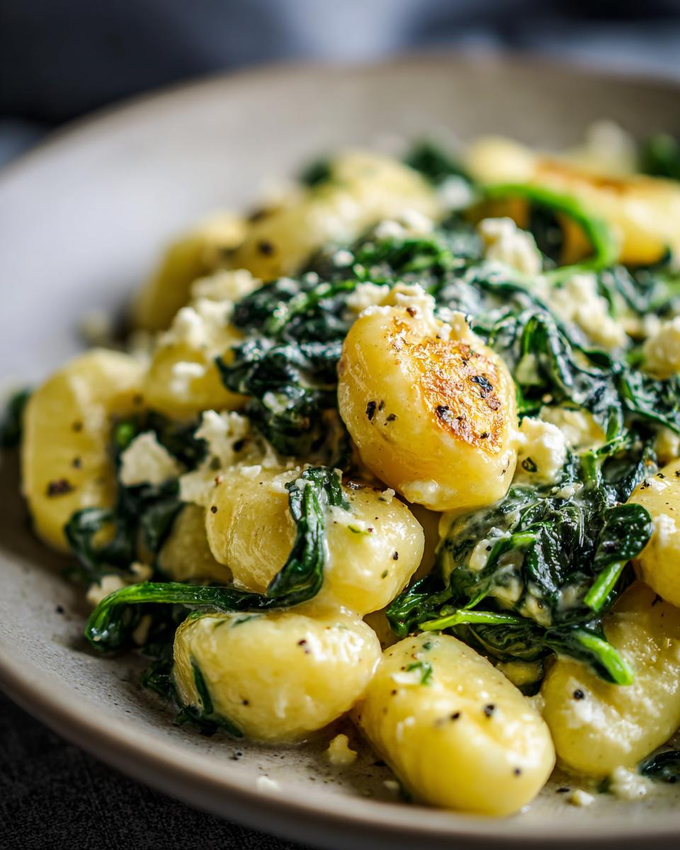 Close-up of Creamy Gnocchi with Spinach and Feta Recipe, served on a plate with creamy sauce.