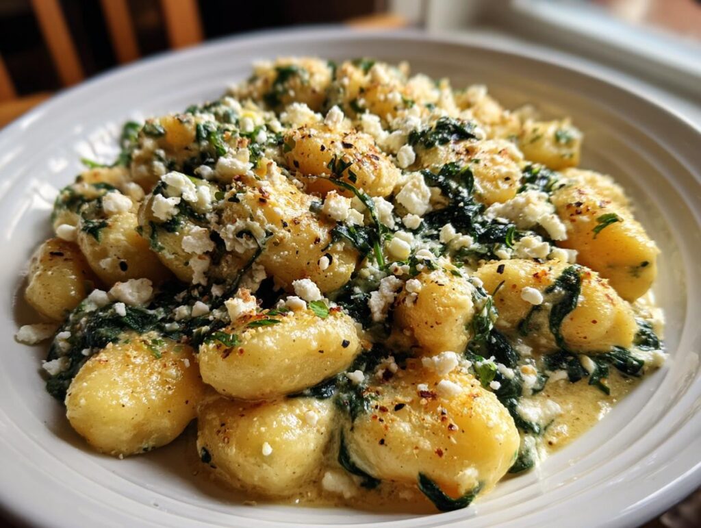 A plate of Creamy Gnocchi with Spinach and Feta, showcasing the creamy sauce and fresh ingredients.