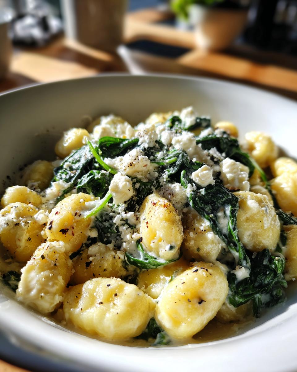 A bowl of Creamy Gnocchi with Spinach and Feta, showcasing the creamy sauce and fresh ingredients.