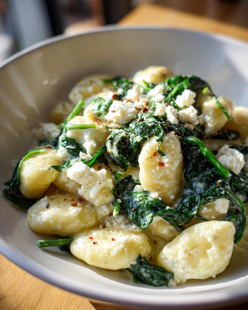 Close-up of Creamy Gnocchi with Spinach and Feta Recipe in a white bowl, garnished with red pepper flakes.