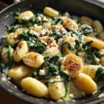 Close-up of Creamy Gnocchi with Spinach and Feta Recipe in a skillet, ready to serve.