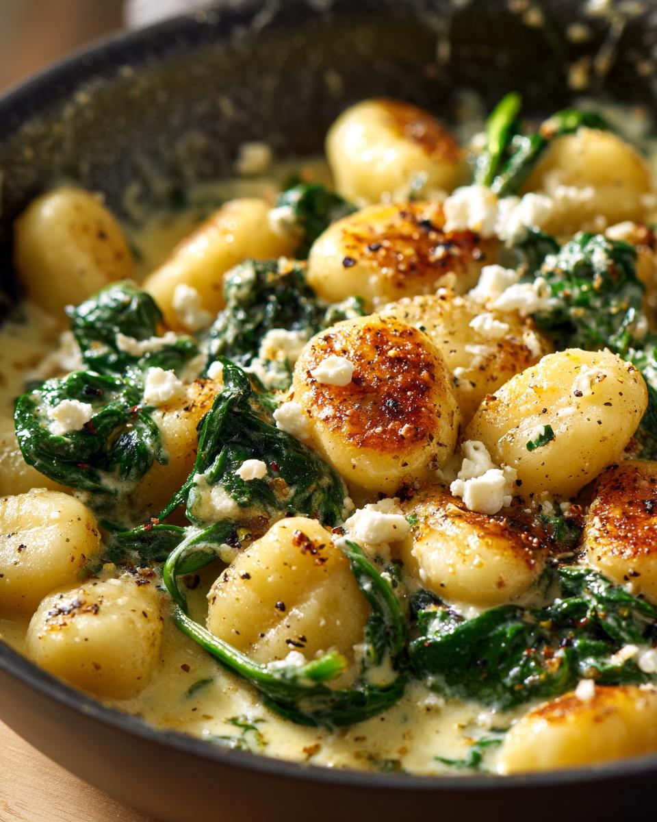 Close-up of Creamy Gnocchi with Spinach and Feta, served in a pan with a creamy sauce.