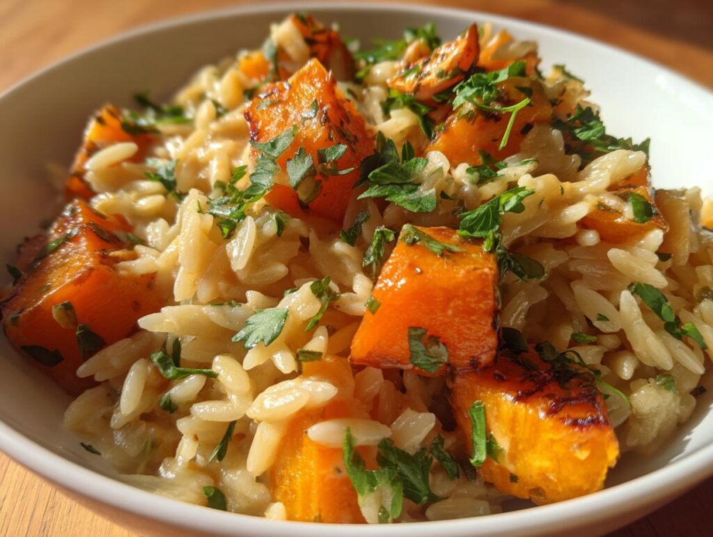 Bowl of Creamy Orzo with Roasted Butternut squash and fresh parsley.