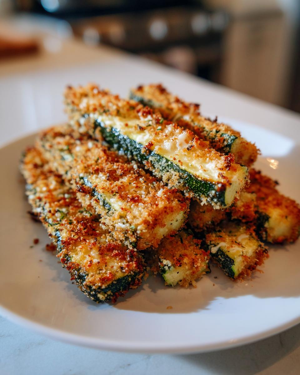 A plate of Crispy Baked Parmesan Zucchini sticks, golden brown and stacked high.