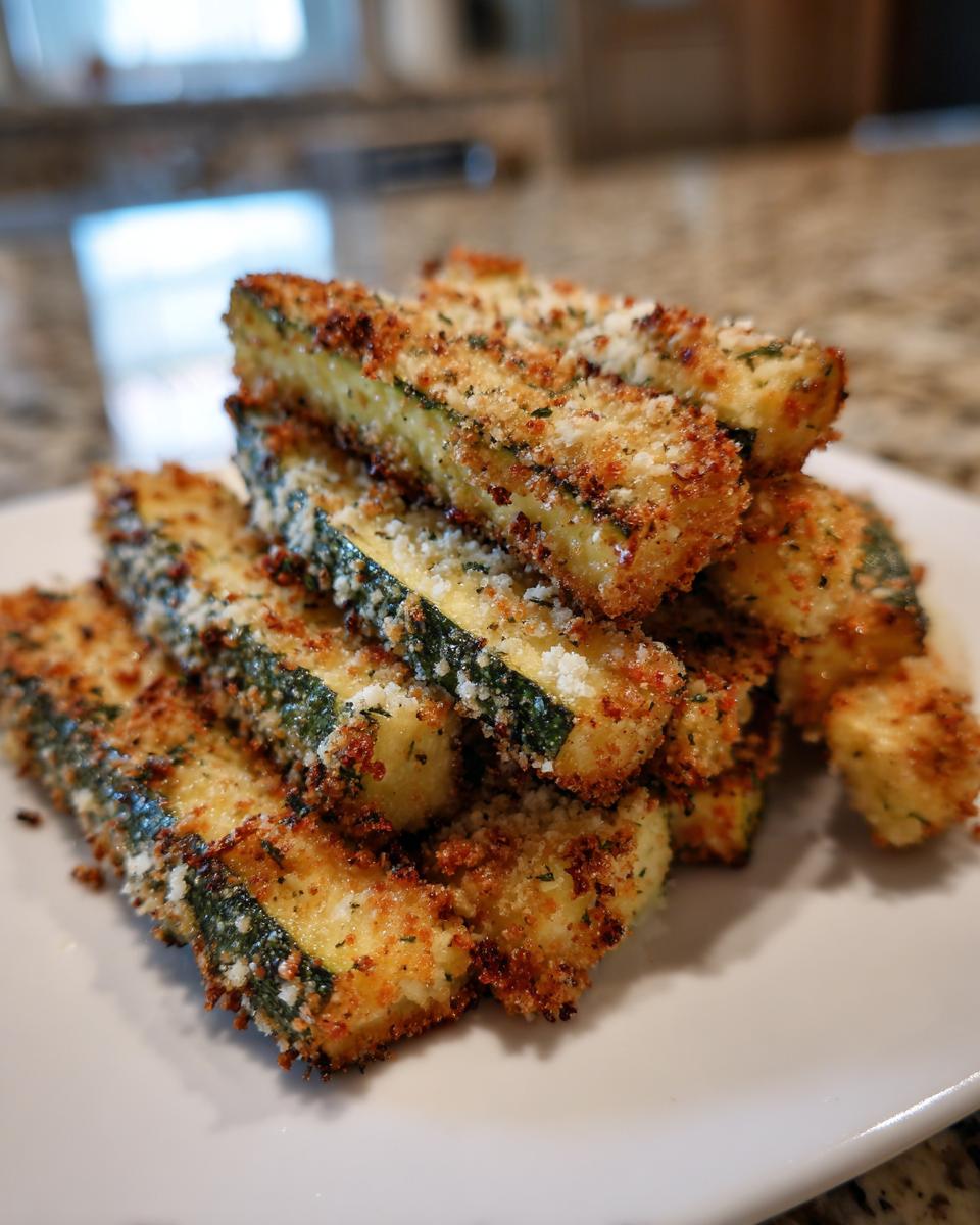 A stack of Crispy Baked Parmesan Zucchini fries, golden brown and sprinkled with parmesan, on a white plate.