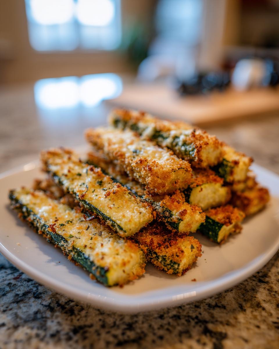 A stack of Crispy Baked Parmesan Zucchini sticks on a white plate, showcasing their golden-brown crust.