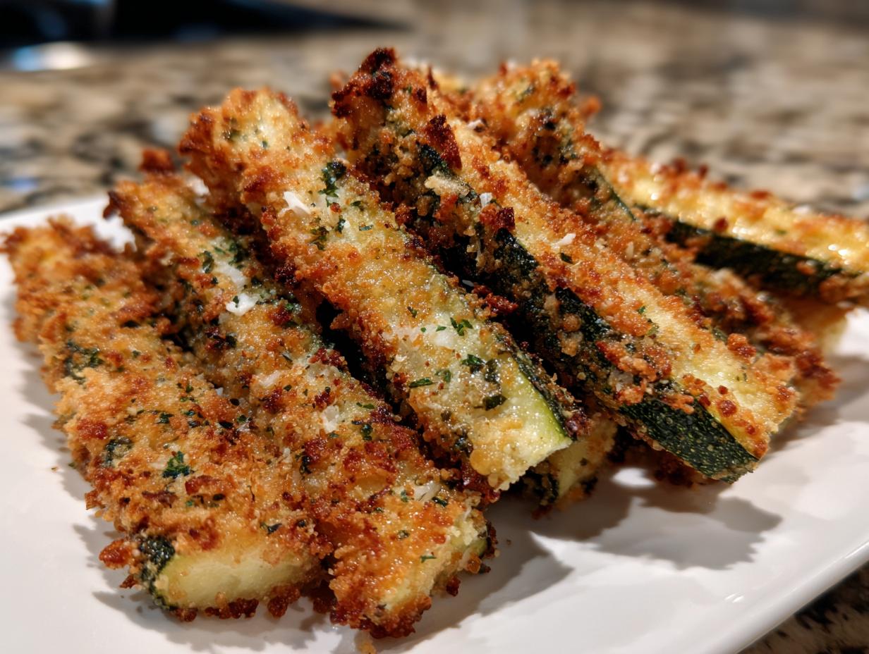 A plate of golden brown Crispy Baked Parmesan Zucchini sticks, seasoned with herbs.