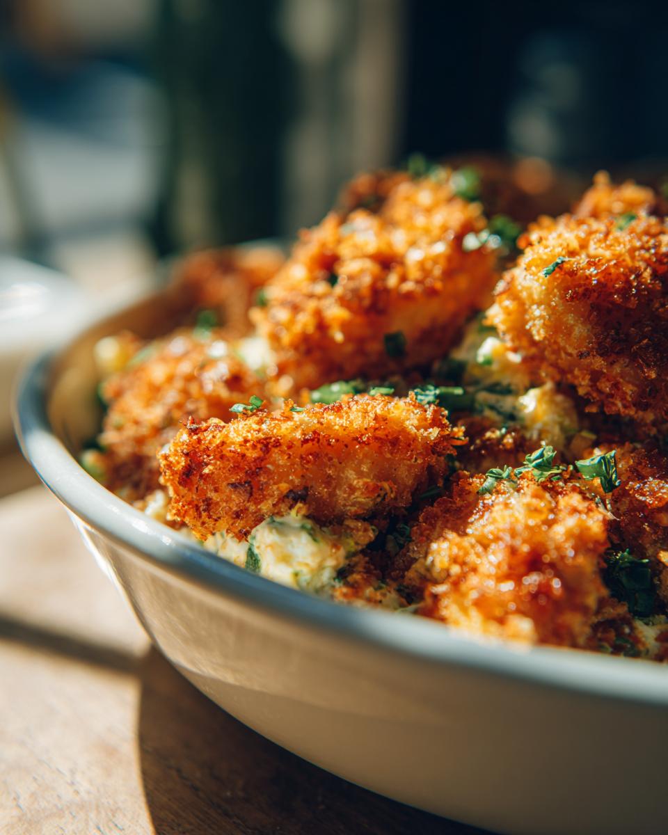Close-up of a bowl filled with Crispy Egg Salad, topped with fresh herbs, showing the crunchy texture.