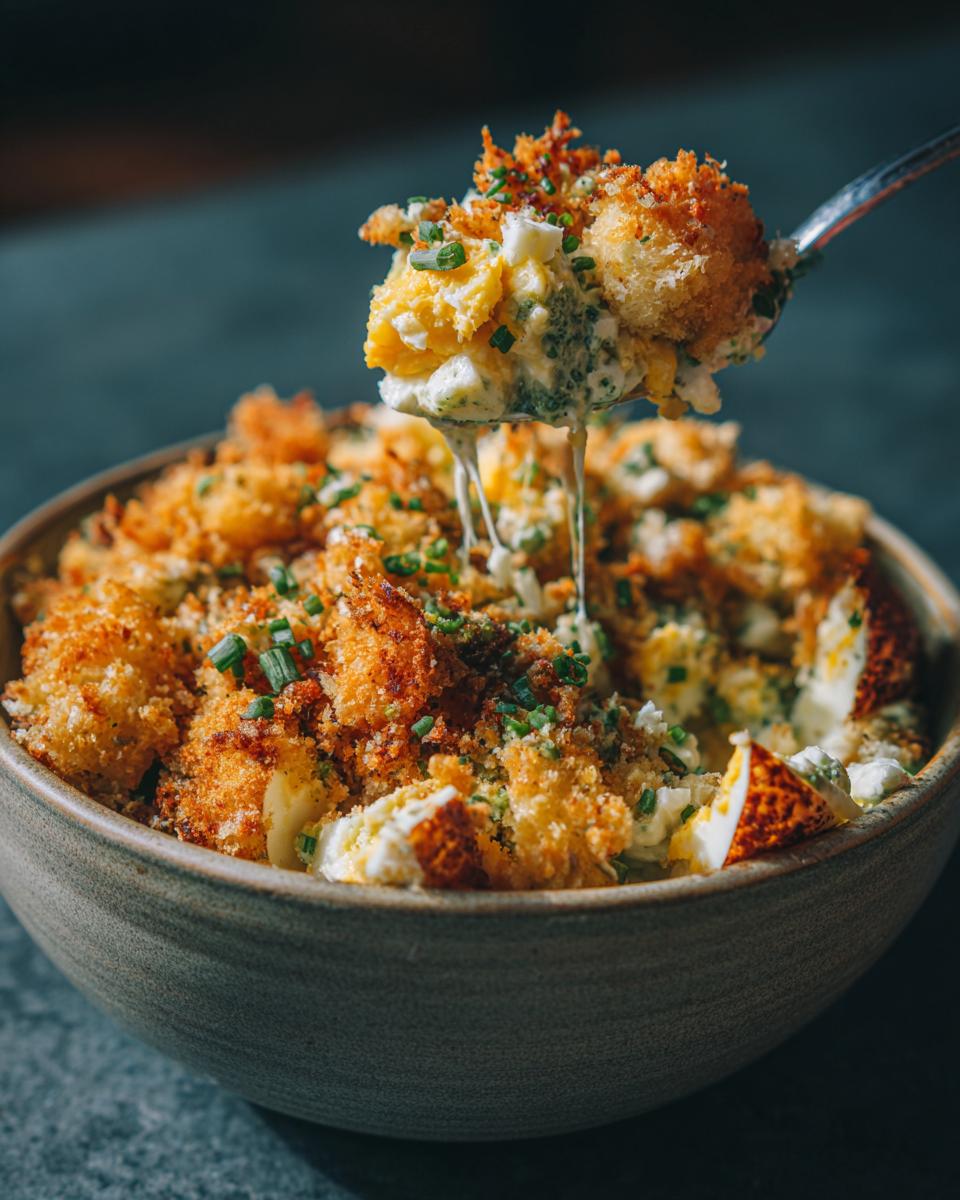 Close-up of Crispy Egg Salad in a bowl with a spoonful being lifted, showing the crispy topping and creamy filling.