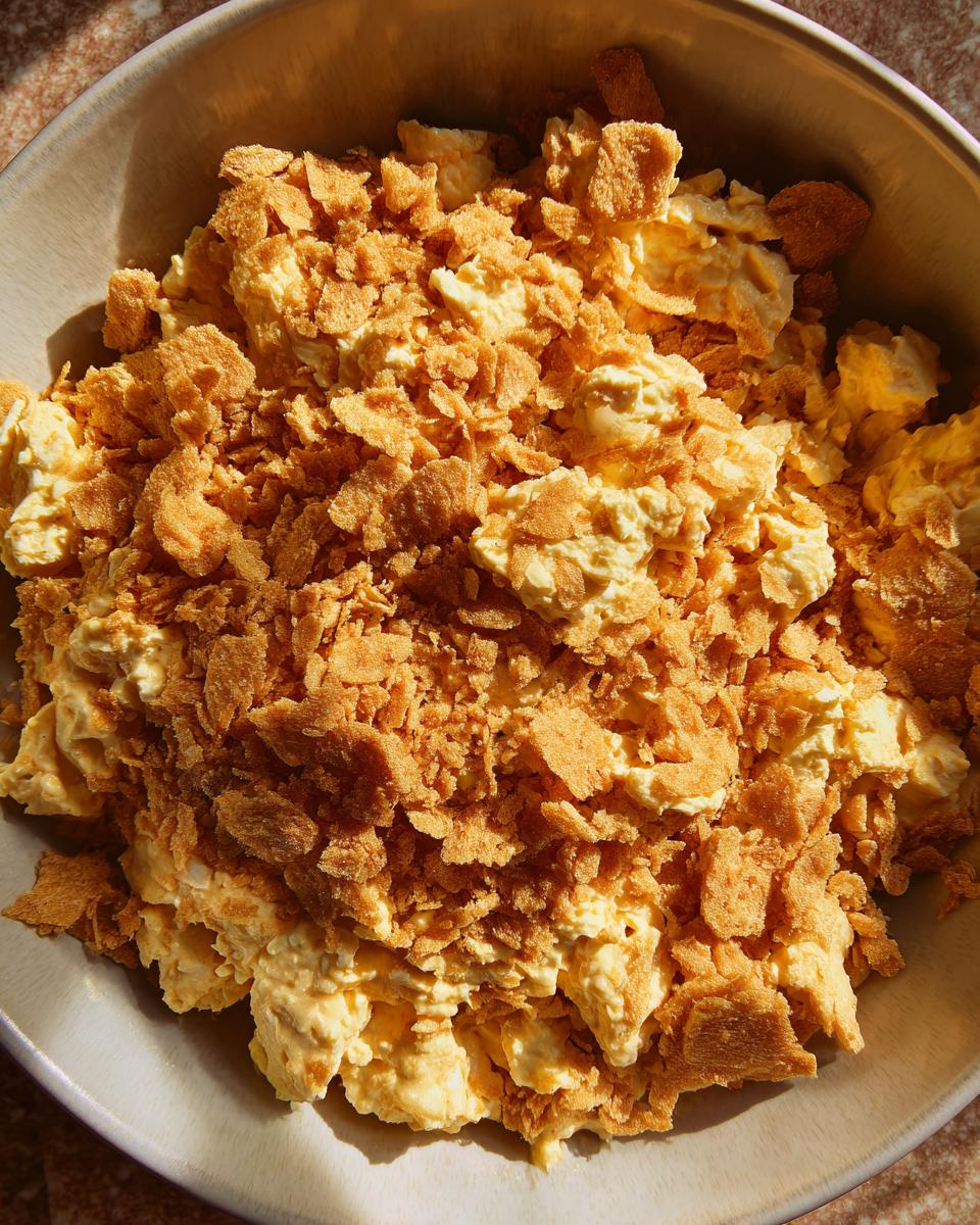 A bowl of Crispy Egg Salad topped with crunchy, golden-brown flakes.