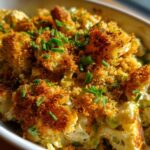 Close-up of Crispy Egg Salad topped with golden-brown croutons and fresh chives.