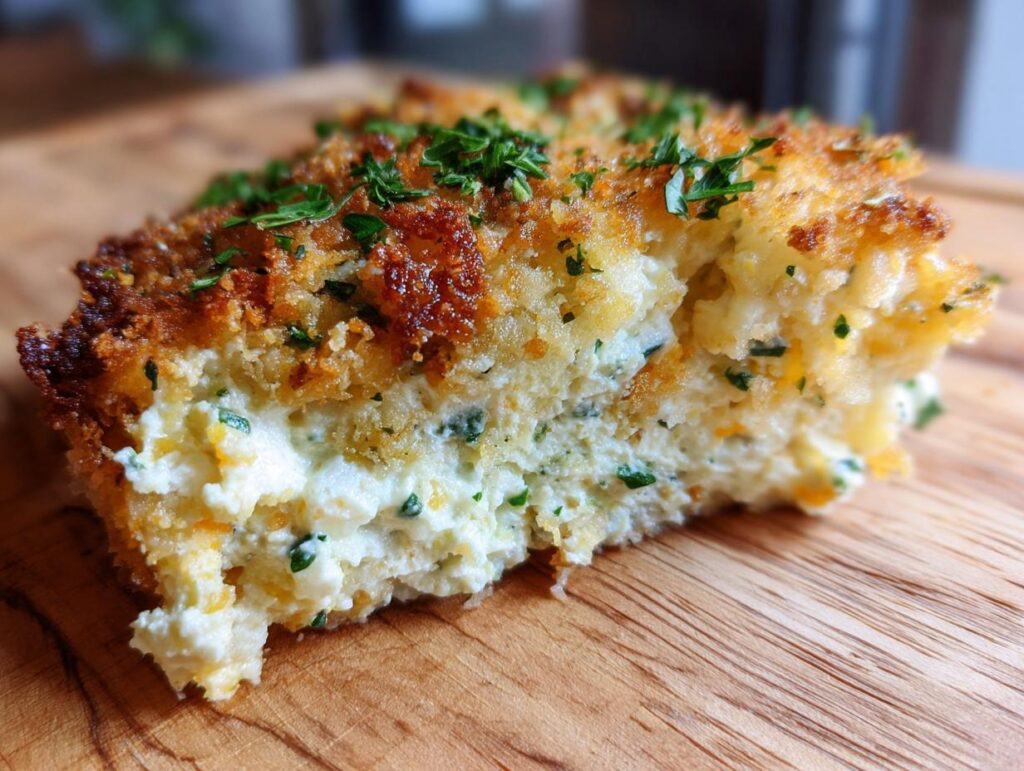 A slice of Crispy Egg Salad with a golden-brown crust, creamy filling, and parsley garnish on a wooden board.