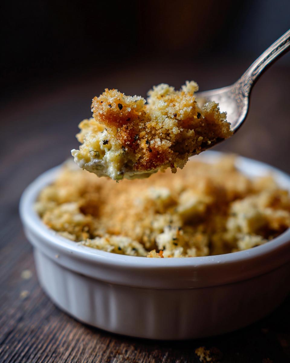 Close-up of a spoonful of Crispy Egg Salad with a golden-brown, crunchy topping.